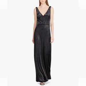 NWT Lauren Ralph Lauren Black Metallic Velvet V-Neck Sleeveless Maxi Gown 10